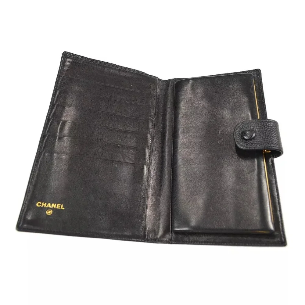 Chanel Long Bifold Wallet Purse Black Calfskin